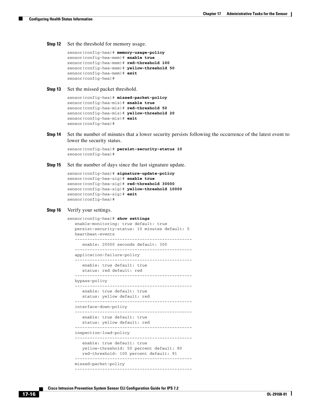 Cisco Systems IPS4510K9 manual Set the threshold for memory usage, Set the missed packet threshold, 17-16 