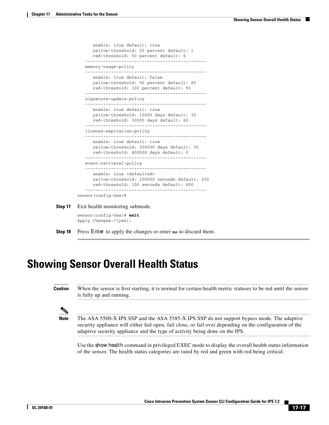 Cisco Systems IPS4510K9 manual Showing Sensor Overall Health Status, Exit health monitoring submode, 17-17 