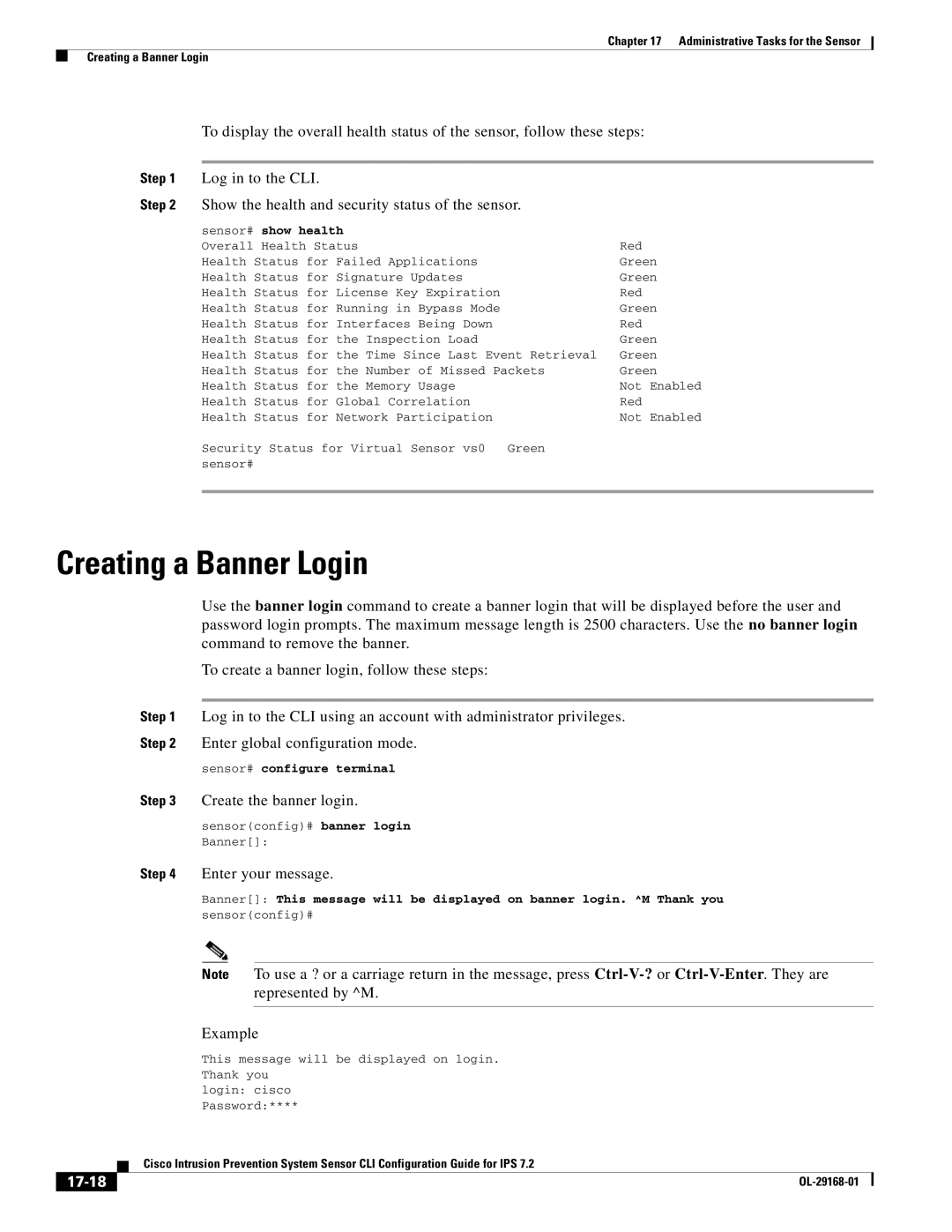 Cisco Systems IPS4510K9 Creating a Banner Login, Show the health and security status of the sensor, Enter your message 