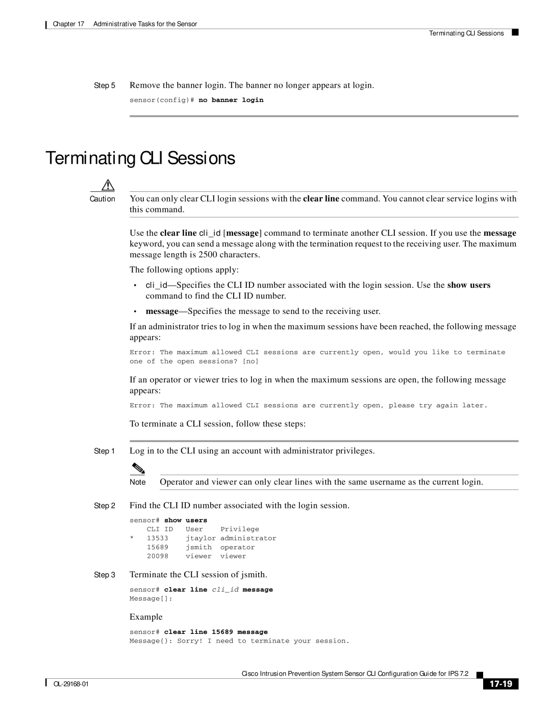 Cisco Systems IPS4510K9 manual Terminating CLI Sessions, To terminate a CLI session, follow these steps, 17-19 