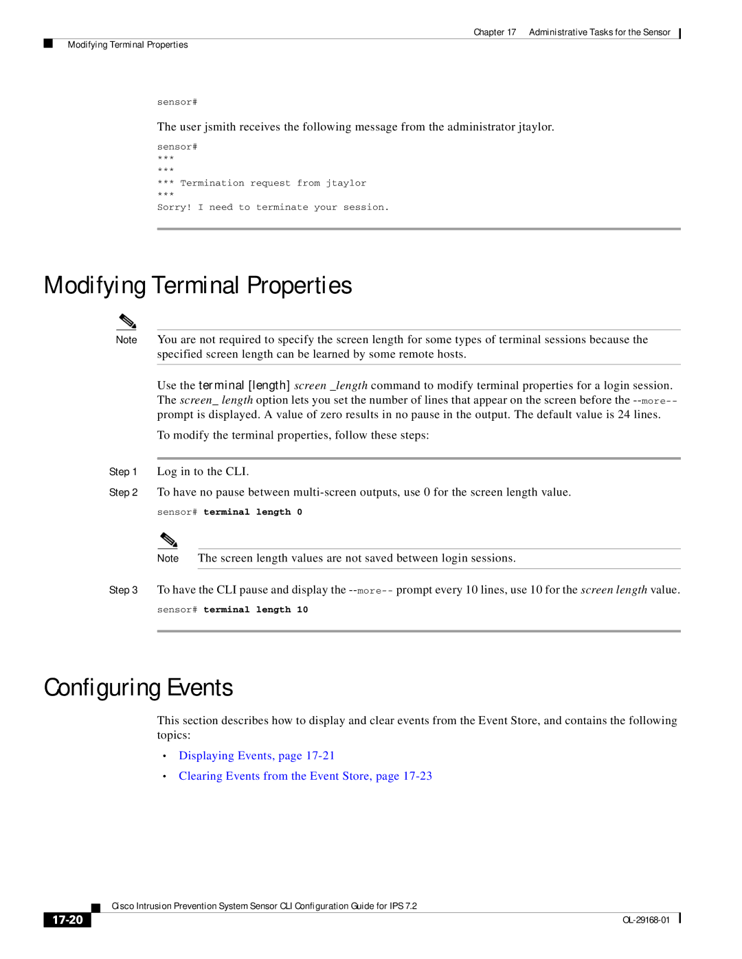 Cisco Systems IPS4510K9 manual Modifying Terminal Properties, Configuring Events, 17-20 