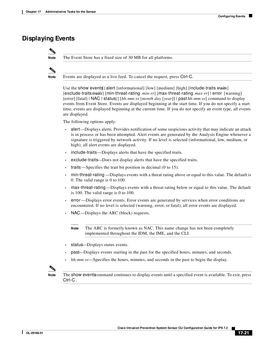 Cisco Systems IPS4510K9 manual Displaying Events, 17-21 