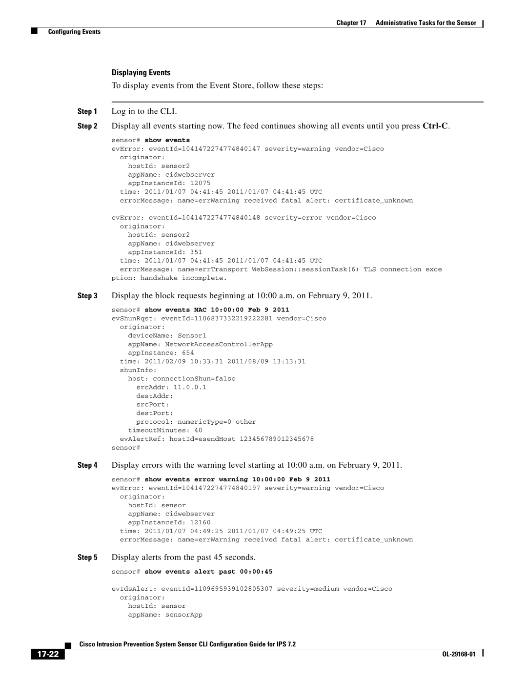 Cisco Systems IPS4510K9 manual Displaying Events, 17-22 