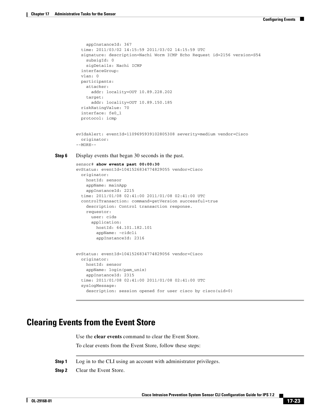 Cisco Systems IPS4510K9 manual Clearing Events from the Event Store, 17-23 