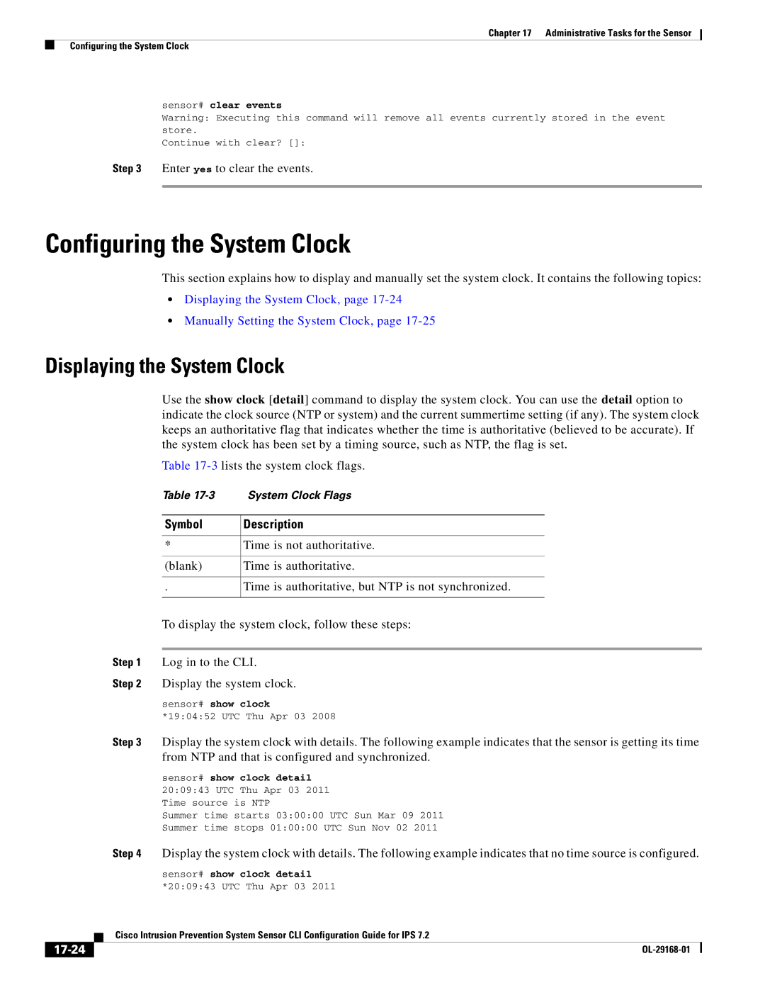 Cisco Systems IPS4510K9 manual Configuring the System Clock, Displaying the System Clock, 17-24, Sensor# show clock detail 