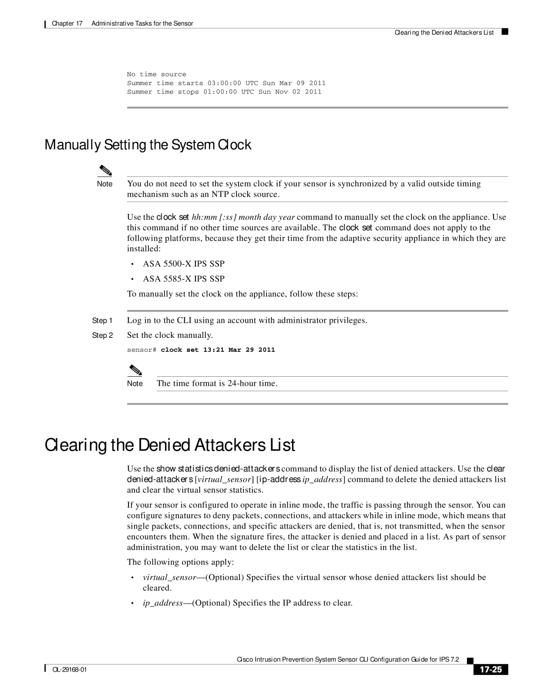 Cisco Systems IPS4510K9 manual Clearing the Denied Attackers List, Manually Setting the System Clock, 17-25 