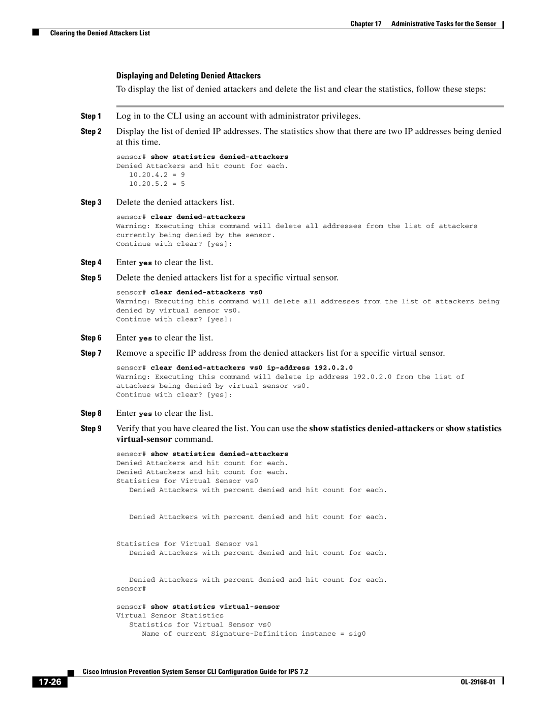 Cisco Systems IPS4510K9 manual Displaying and Deleting Denied Attackers, 17-26 