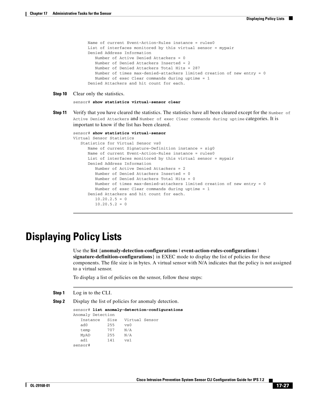 Cisco Systems IPS4510K9 manual Displaying Policy Lists, 17-27 