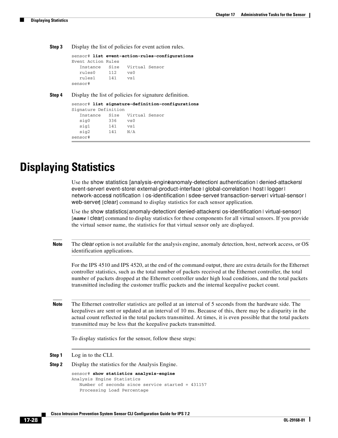 Cisco Systems IPS4510K9 manual Displaying Statistics, Display the list of policies for event action rules, 17-28 