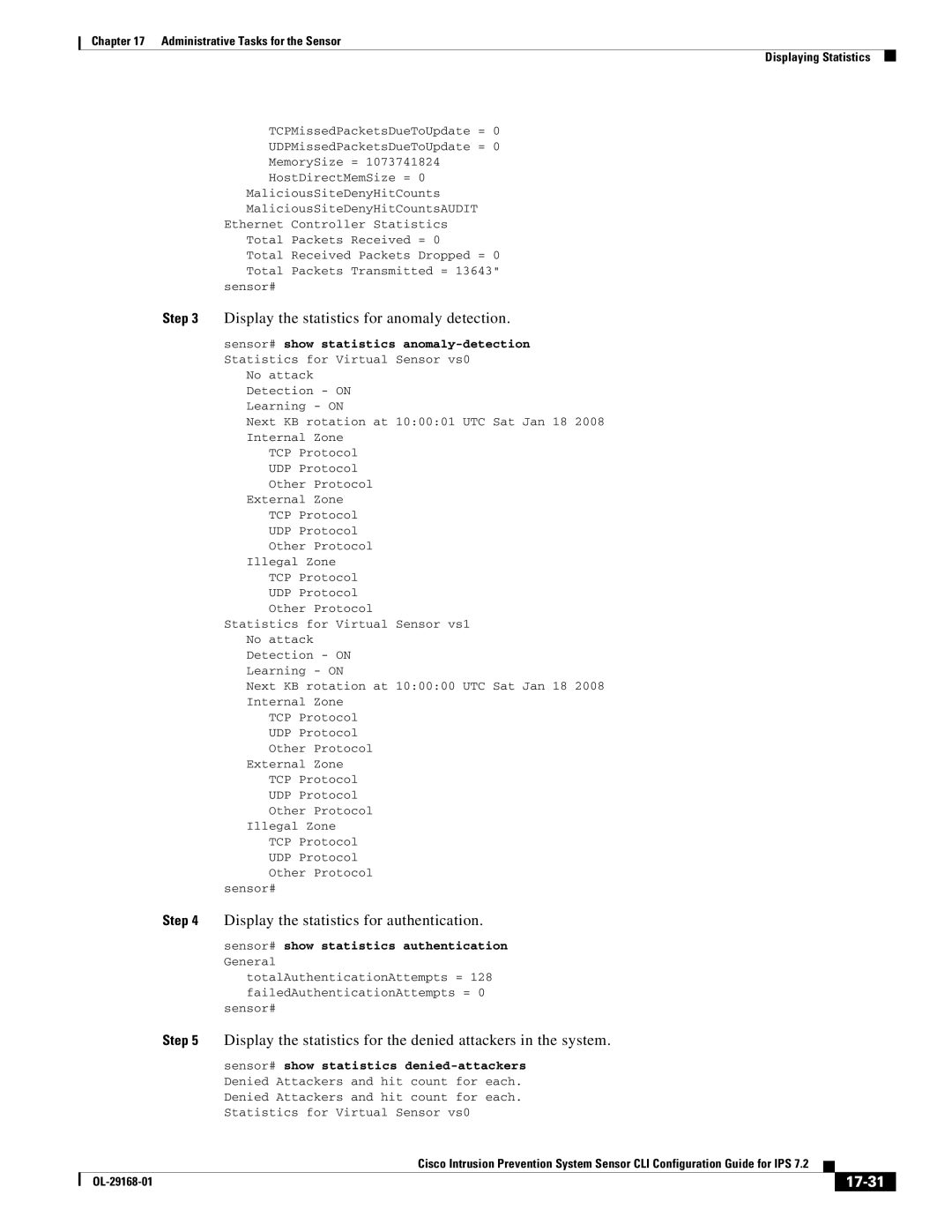 Cisco Systems IPS4510K9 Display the statistics for anomaly detection, Display the statistics for authentication, 17-31 