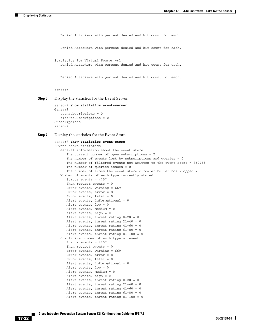 Cisco Systems IPS4510K9 Display the statistics for the Event Server, Display the statistics for the Event Store, 17-32 