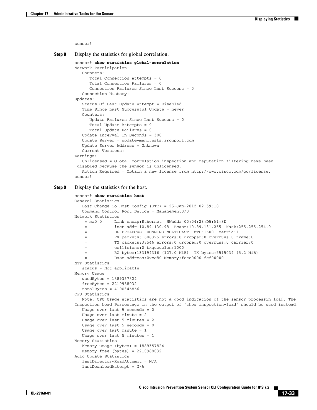 Cisco Systems IPS4510K9 manual Display the statistics for the host, 17-33, Show statistics host 