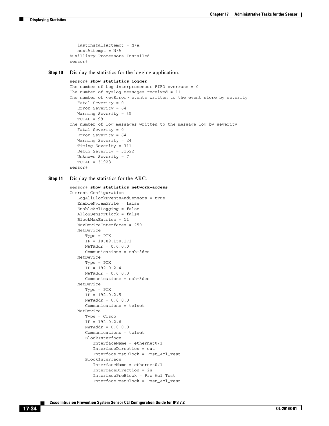 Cisco Systems IPS4510K9 Display the statistics for the logging application, Display the statistics for the ARC, 17-34 