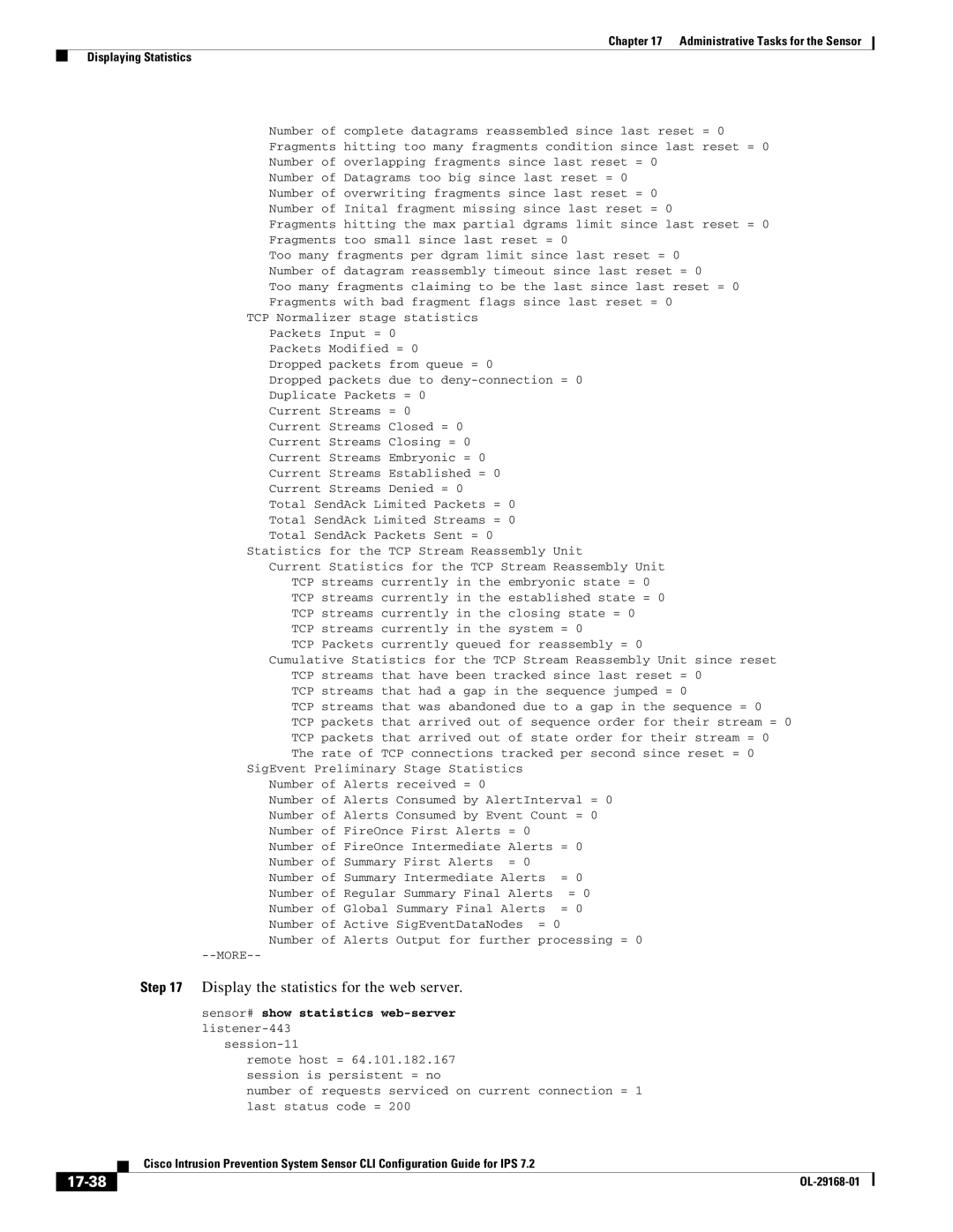 Cisco Systems IPS4510K9 manual Display the statistics for the web server, 17-38, Statistics web-server 