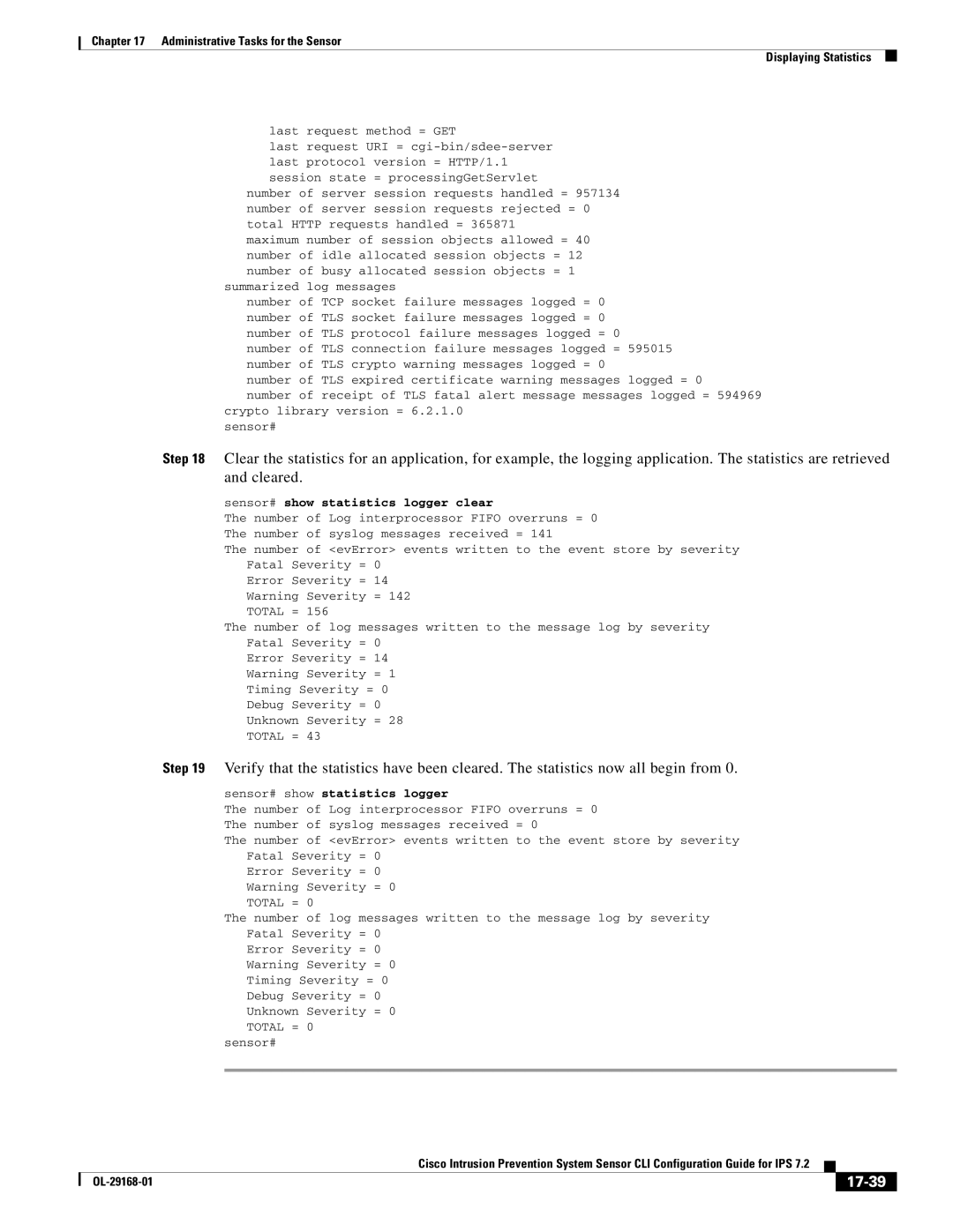 Cisco Systems IPS4510K9 manual 17-39, Sensor# show statistics logger clear 