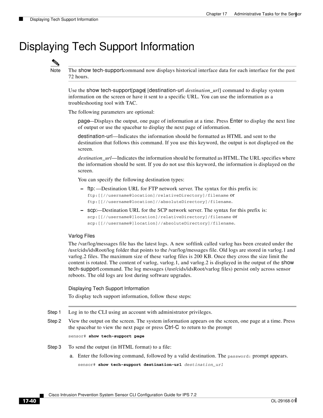 Cisco Systems IPS4510K9 manual Displaying Tech Support Information, Varlog Files, 17-40 