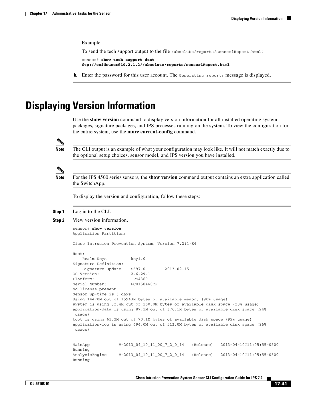 Cisco Systems IPS4510K9 manual Displaying Version Information, View version information, 17-41, Sensor# show version 