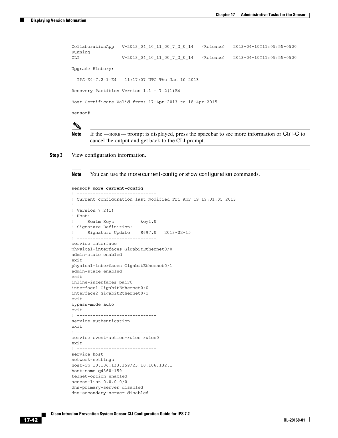 Cisco Systems IPS4510K9 manual Cancel the output and get back to the CLI prompt, View configuration information, 17-42 