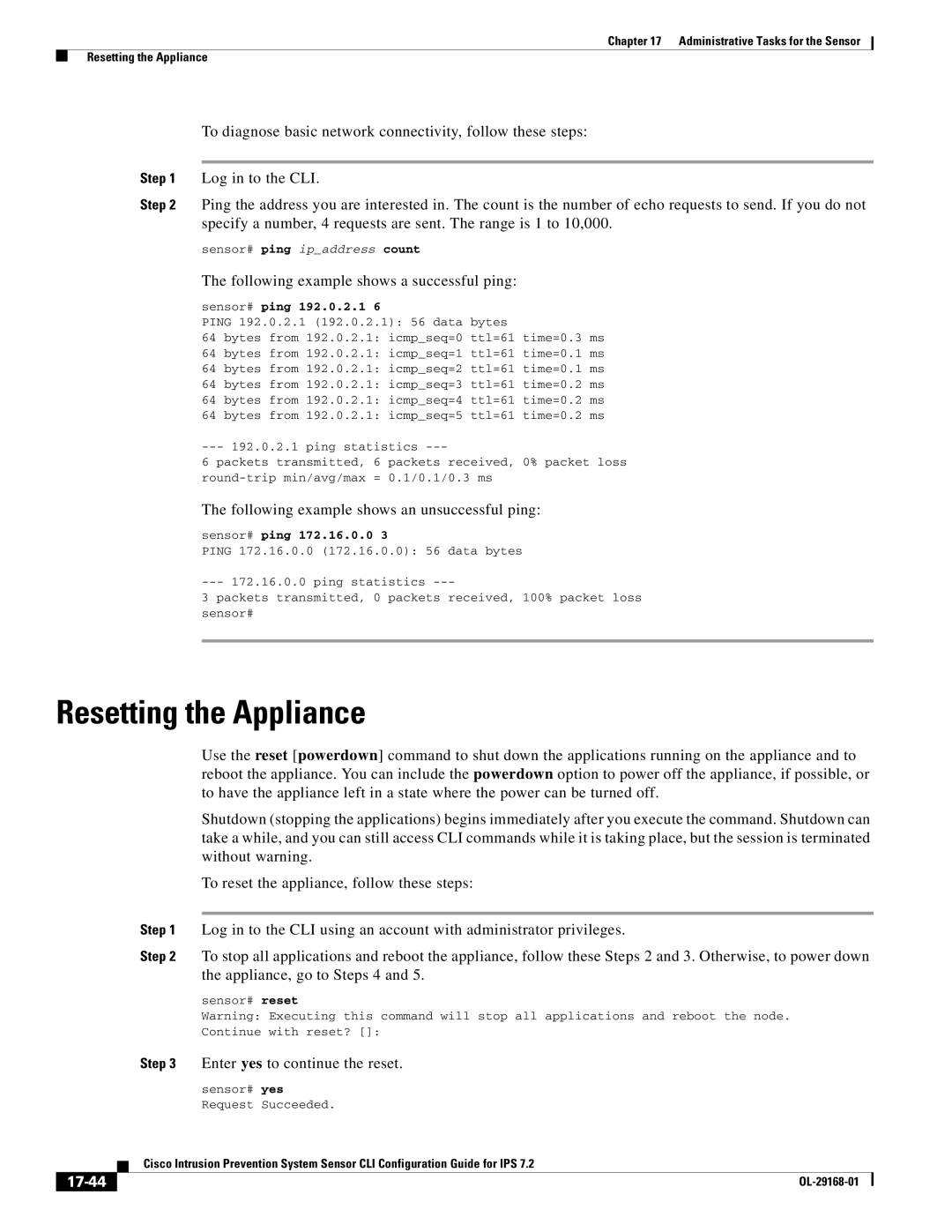 Cisco Systems IPS4510K9 manual Resetting the Appliance, Following example shows a successful ping, 17-44 