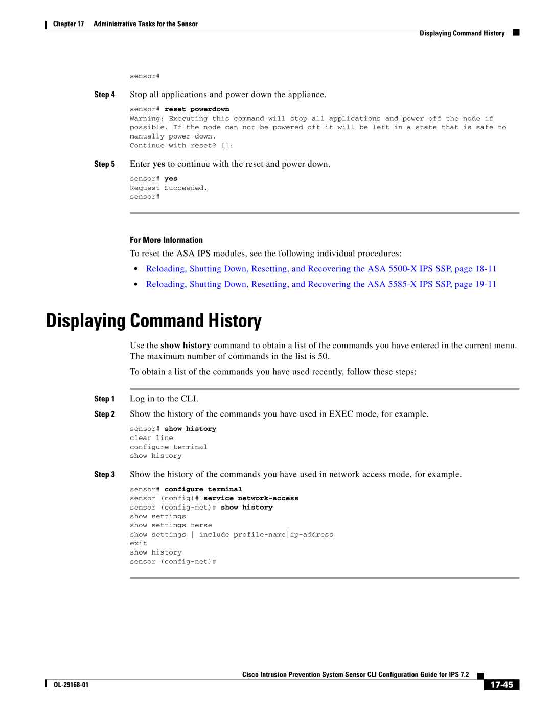 Cisco Systems IPS4510K9 manual Displaying Command History, Stop all applications and power down the appliance, 17-45 