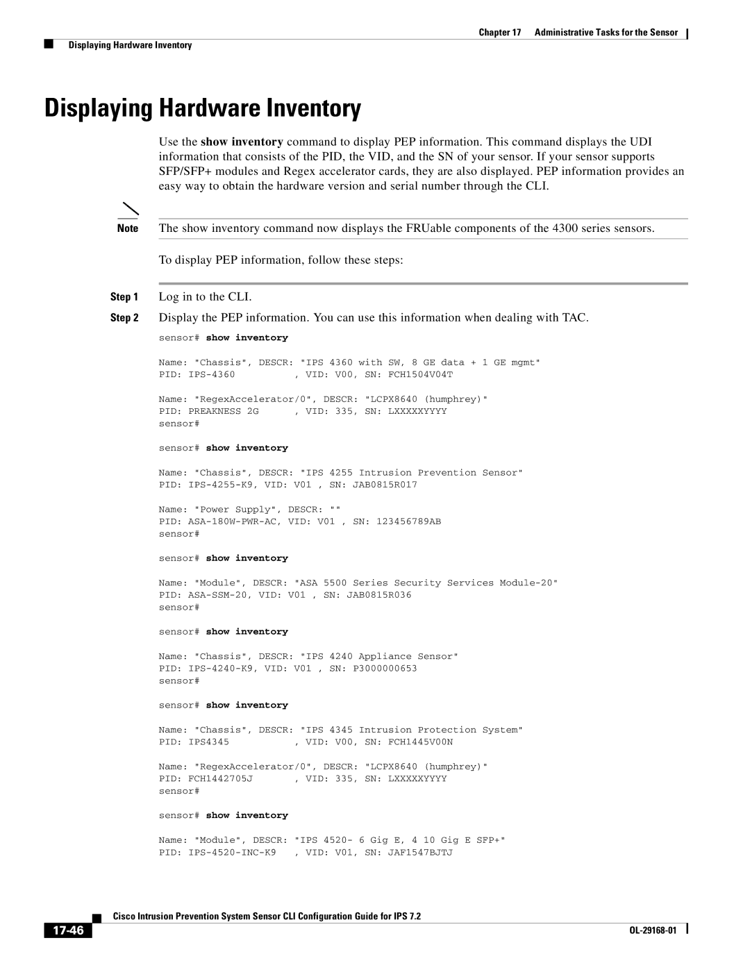 Cisco Systems IPS4510K9 manual Displaying Hardware Inventory, 17-46, Sensor# show inventory 