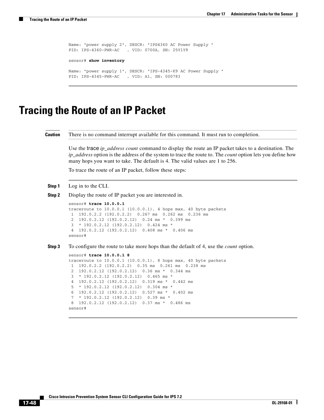 Cisco Systems IPS4510K9 manual Tracing the Route of an IP Packet, Display the route of IP packet you are interested, 17-48 