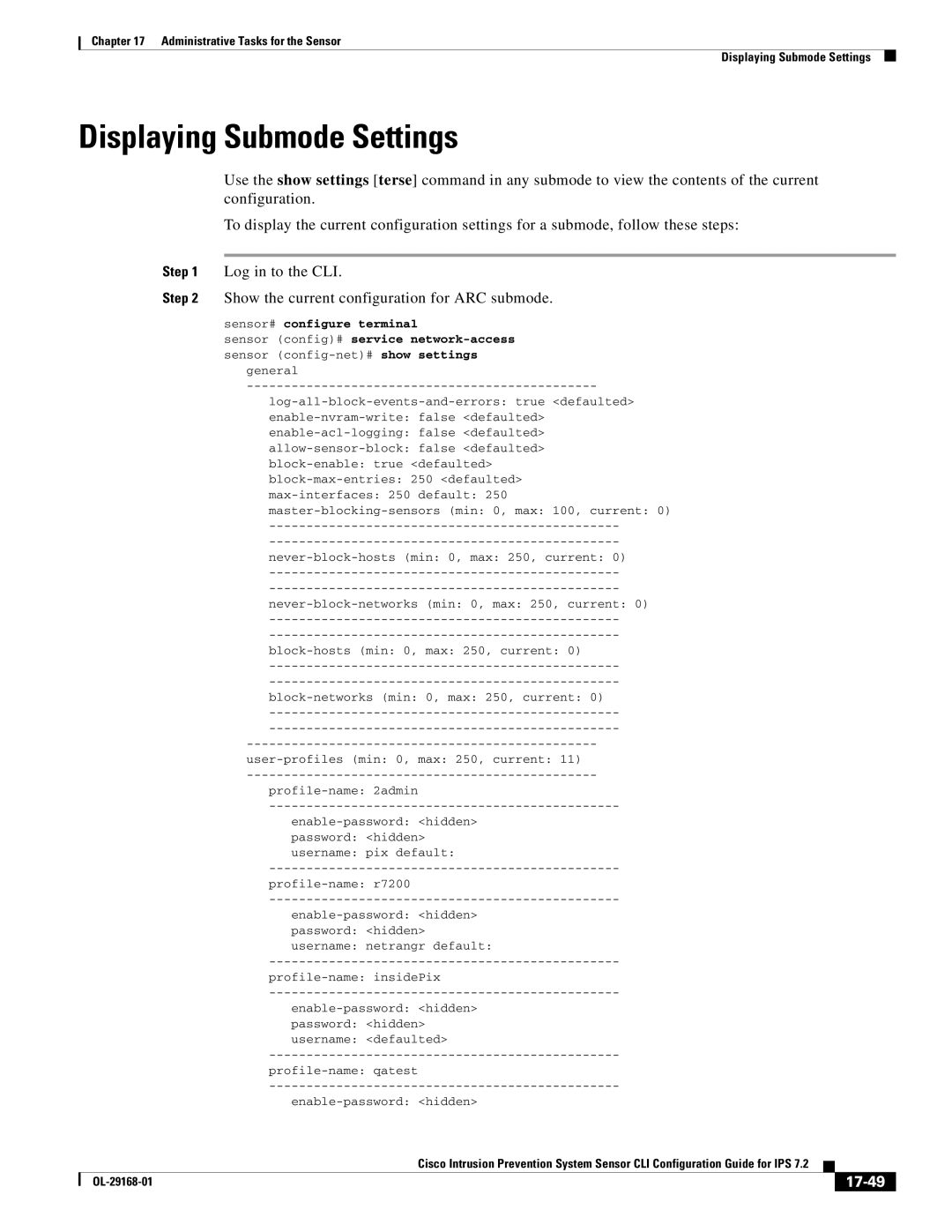 Cisco Systems IPS4510K9 manual Displaying Submode Settings, Show the current configuration for ARC submode, 17-49 