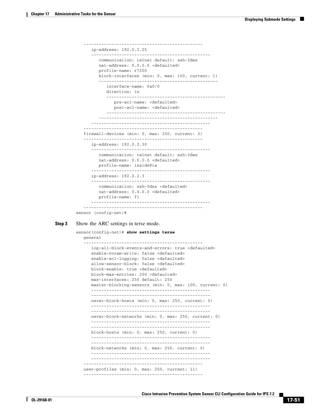 Cisco Systems IPS4510K9 manual Show the ARC settings in terse mode, 17-51 