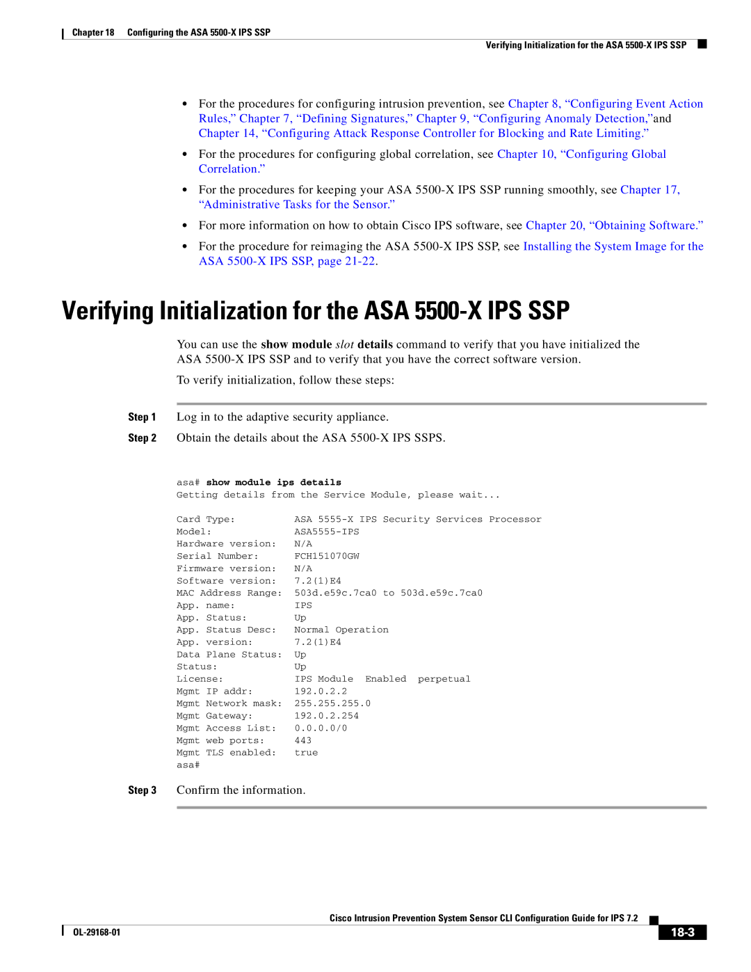 Cisco Systems IPS4510K9 manual Verifying Initialization for the ASA 5500-X IPS SSP, Confirm the information, 18-3 