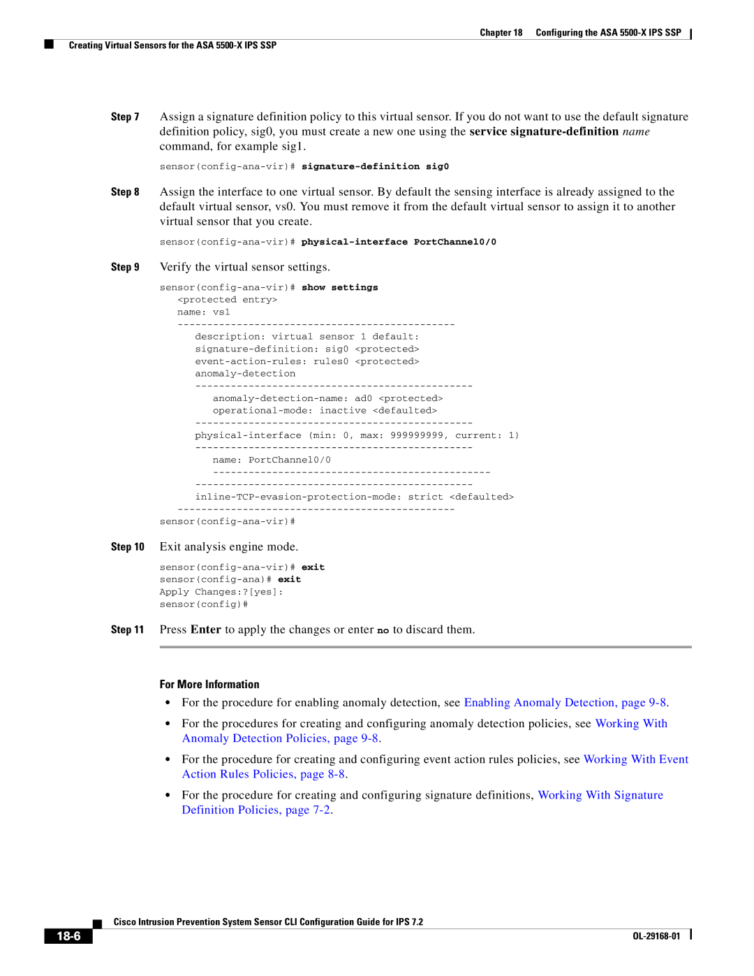 Cisco Systems IPS4510K9 manual 18-6, Sensorconfig-ana-vir#physical-interface PortChannel0/0 