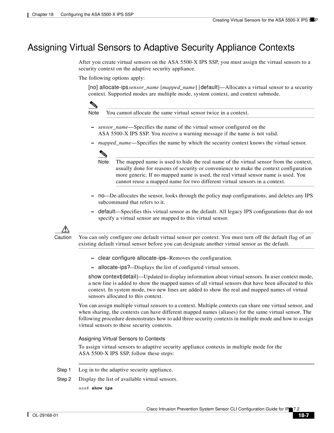 Cisco Systems IPS4510K9 manual Assigning Virtual Sensors to Contexts, 18-7, Asa# show ips 