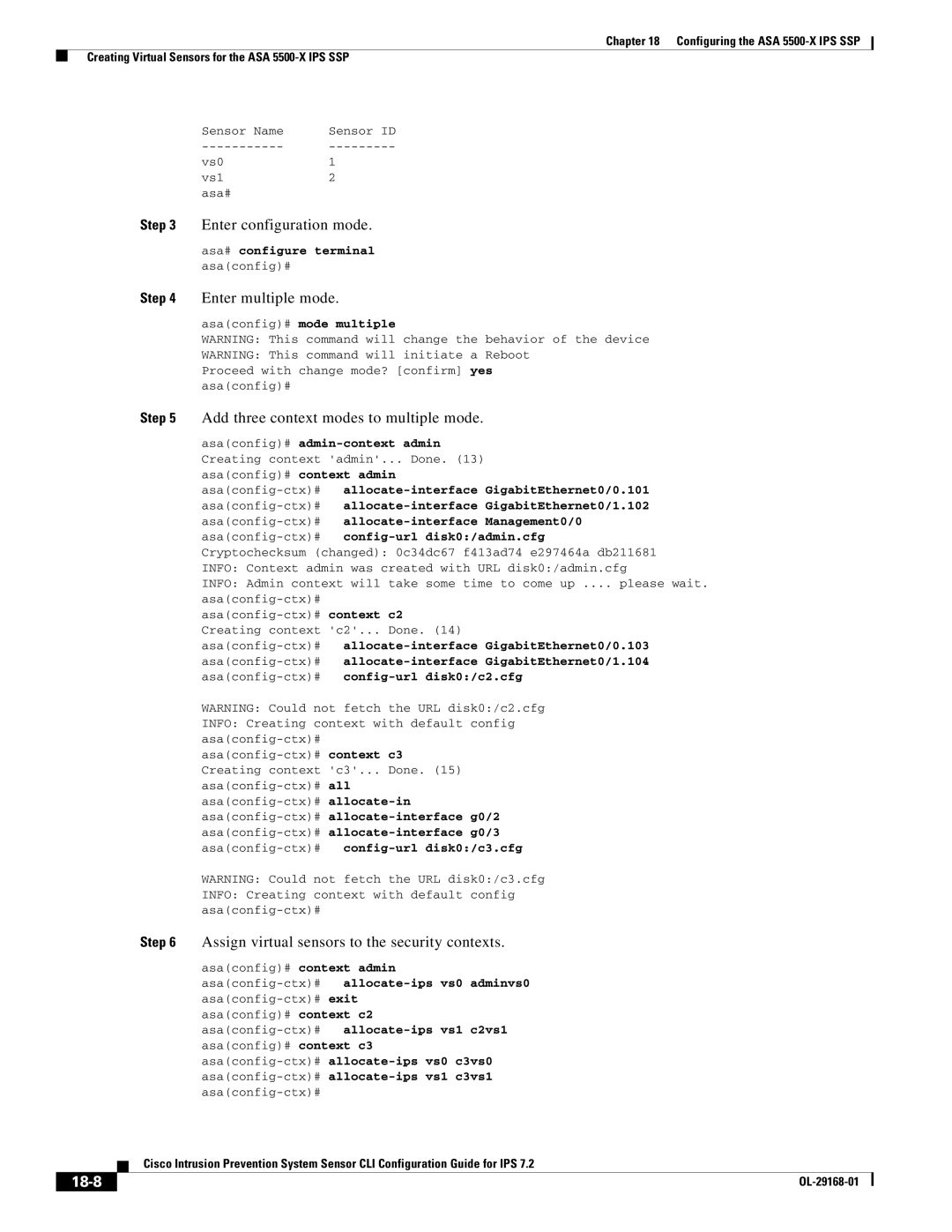 Cisco Systems IPS4510K9 manual Enter multiple mode, Add three context modes to multiple mode, 18-8 