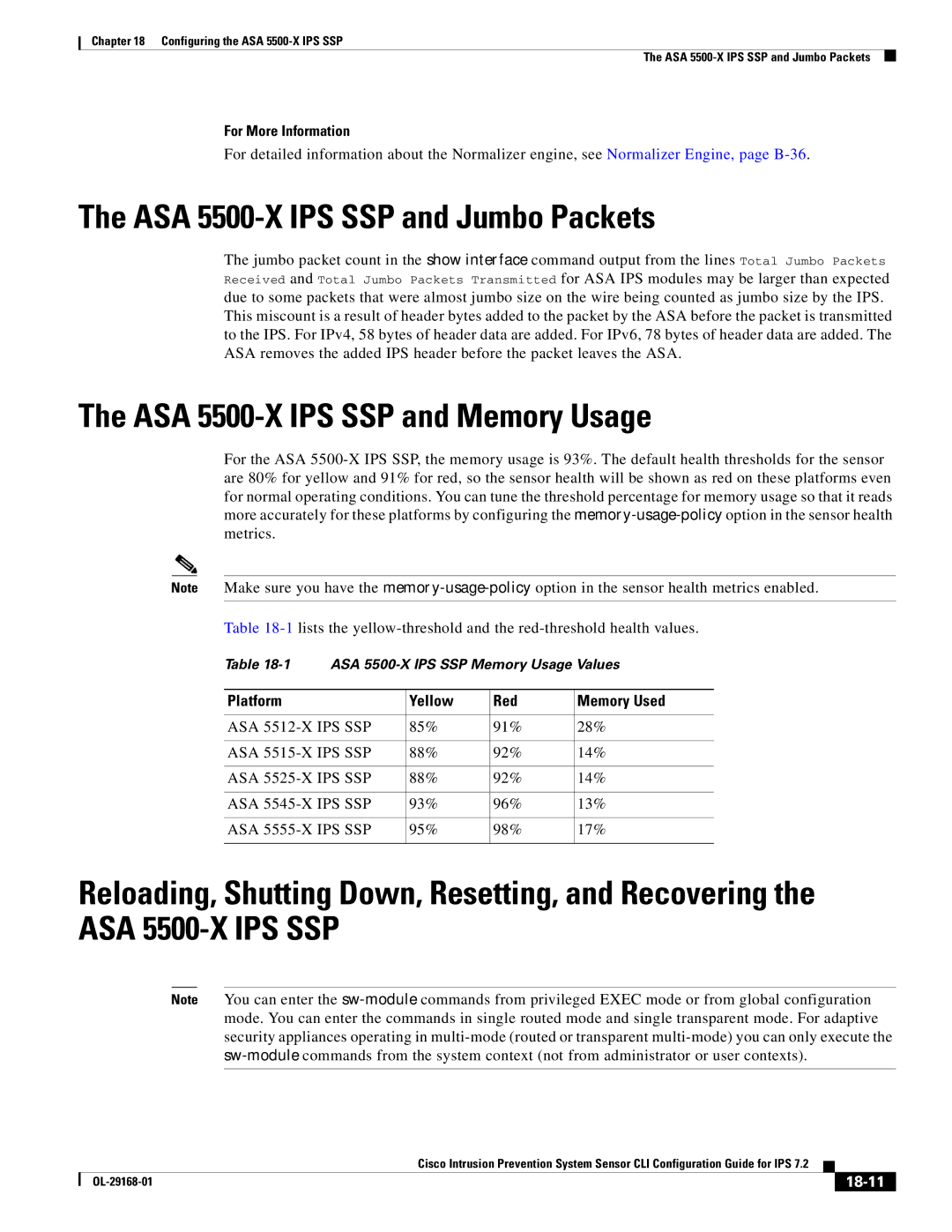 Cisco Systems IPS4510K9 manual ASA 5500-X IPS SSP and Jumbo Packets, ASA 5500-X IPS SSP and Memory Usage, 18-11 