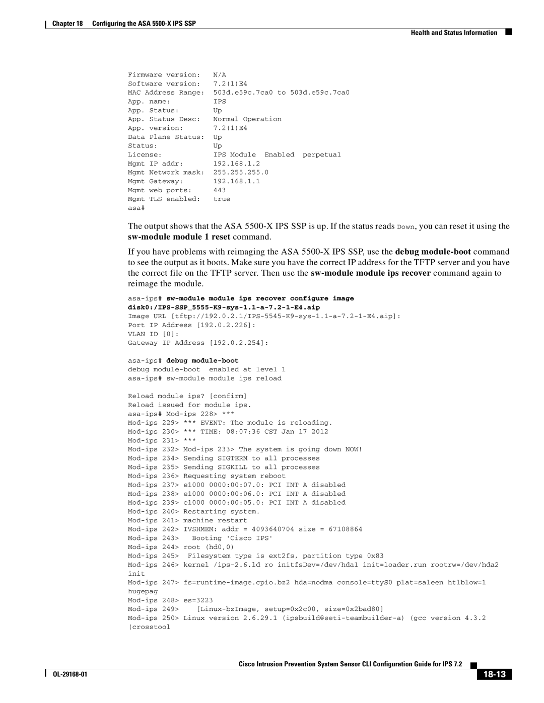 Cisco Systems IPS4510K9 manual 18-13, Asa-ips#debug module-boot 