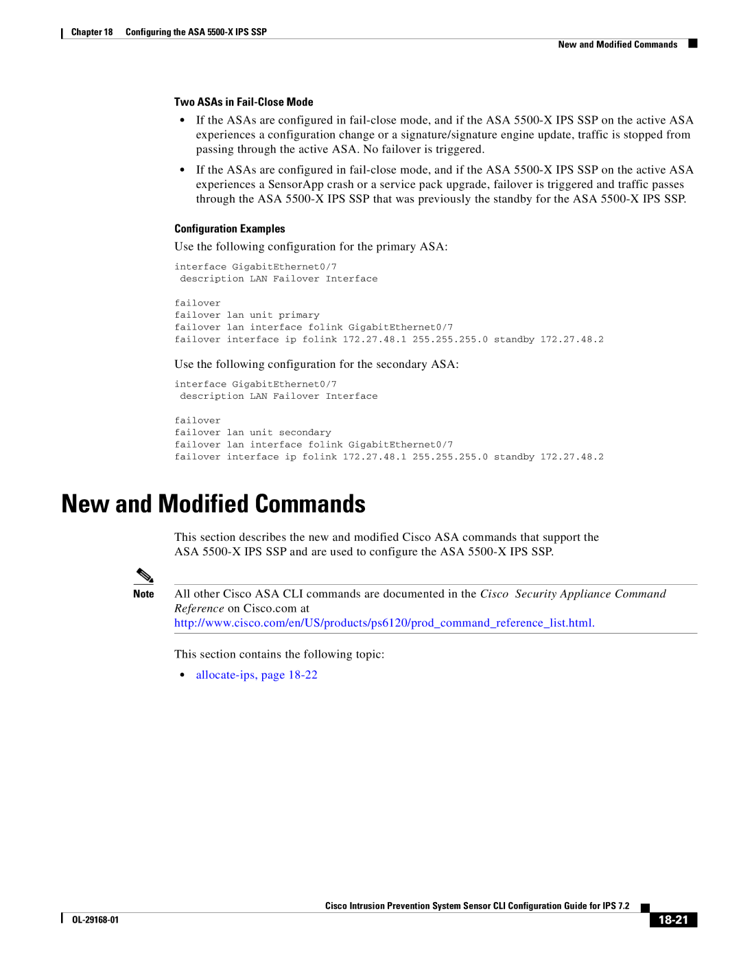 Cisco Systems IPS4510K9 manual New and Modified Commands, Two ASAs in Fail-Close Mode, Configuration Examples, 18-21 