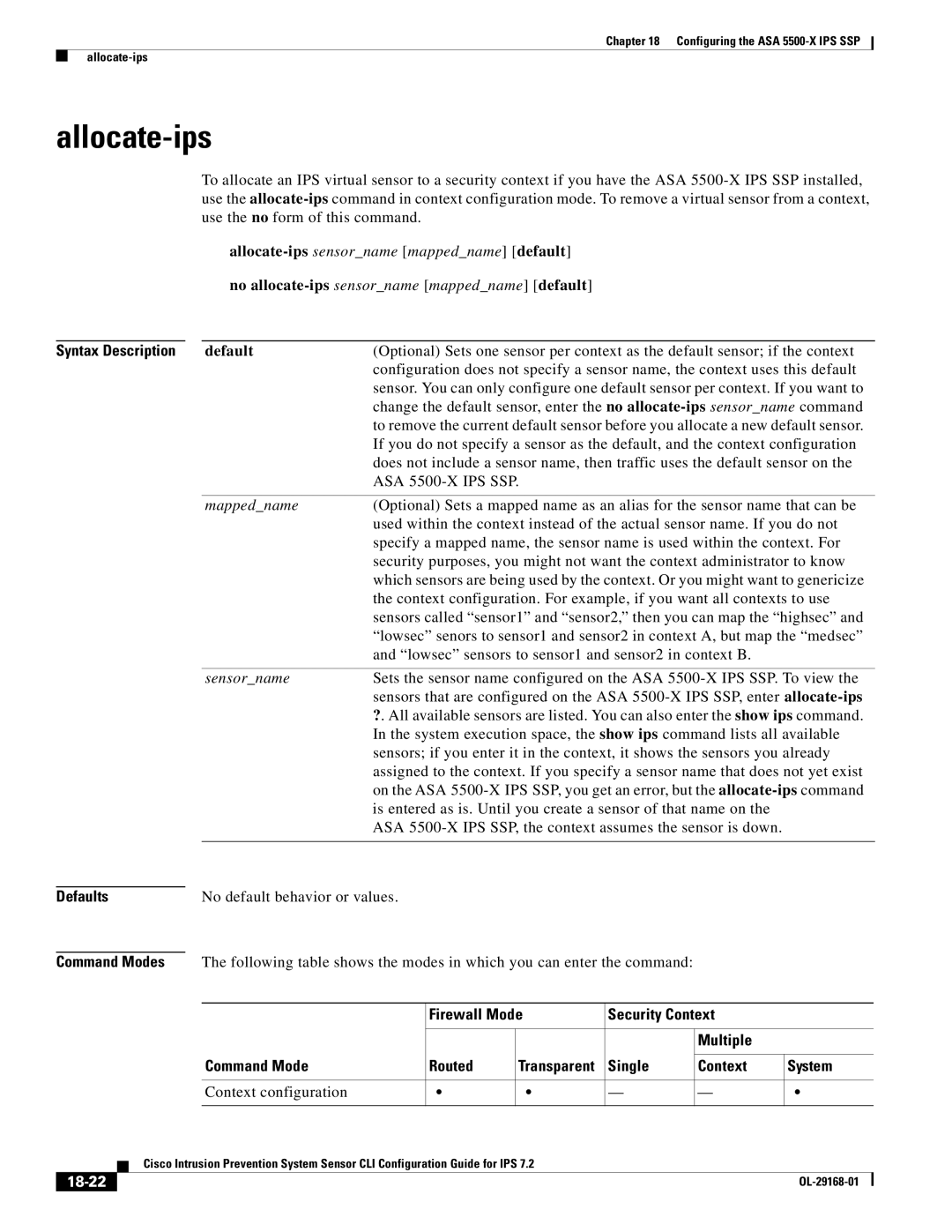 Cisco Systems IPS4510K9 manual Allocate-ips, Defaults, Firewall Mode Security Context Multiple Command Mode Routed, 18-22 