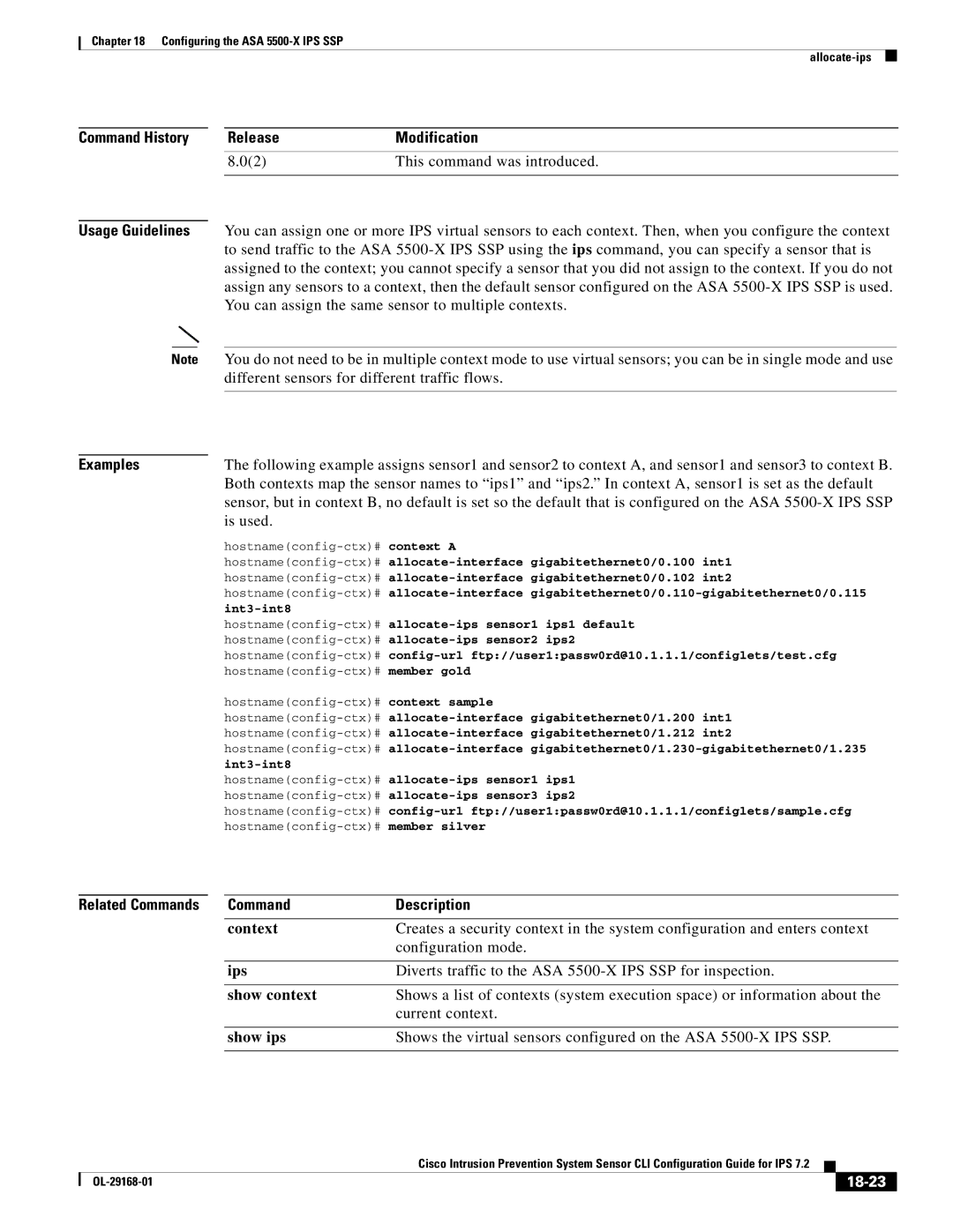 Cisco Systems IPS4510K9 manual Command History Release Modification, Examples, Related Commands Description, 18-23 