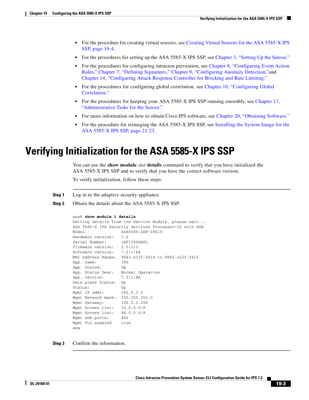 Cisco Systems IPS4510K9 manual Verifying Initialization for the ASA 5585-X IPS SSP, 19-3, Asa# show module 1 details 