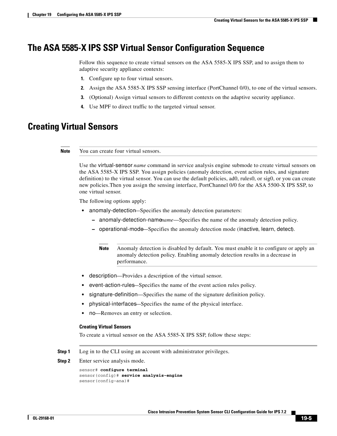 Cisco Systems IPS4510K9 manual ASA 5585-X IPS SSP Virtual Sensor Configuration Sequence, 19-5 