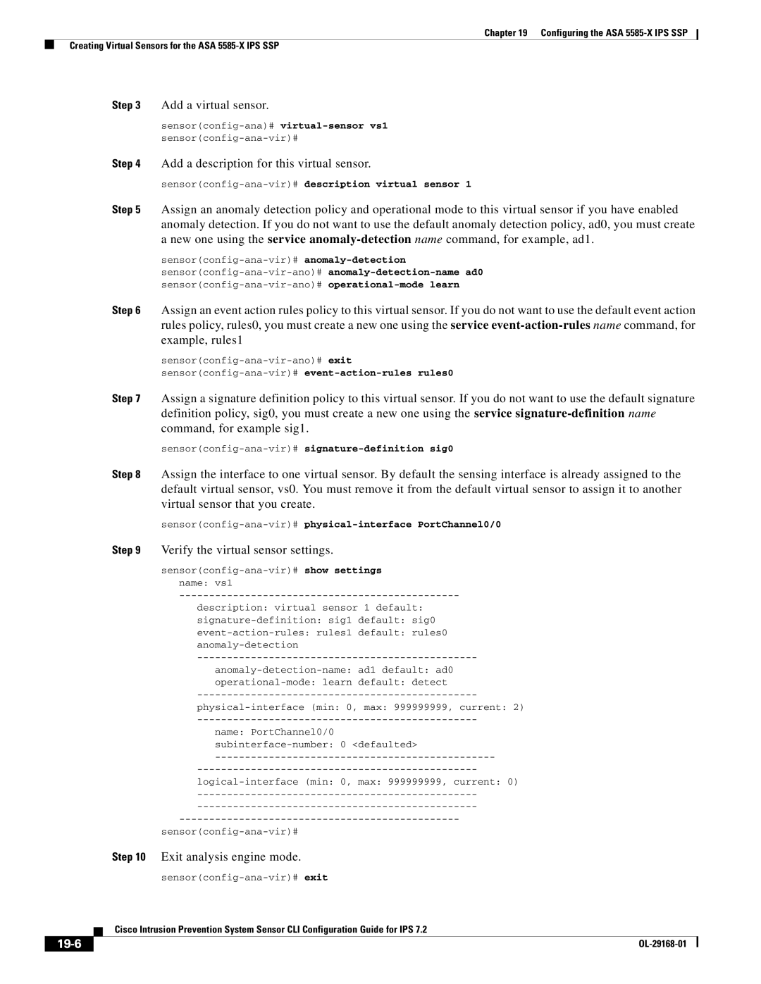 Cisco Systems IPS4510K9 manual Example, rules1, Command, for example sig1, Virtual sensor that you create, 19-6 