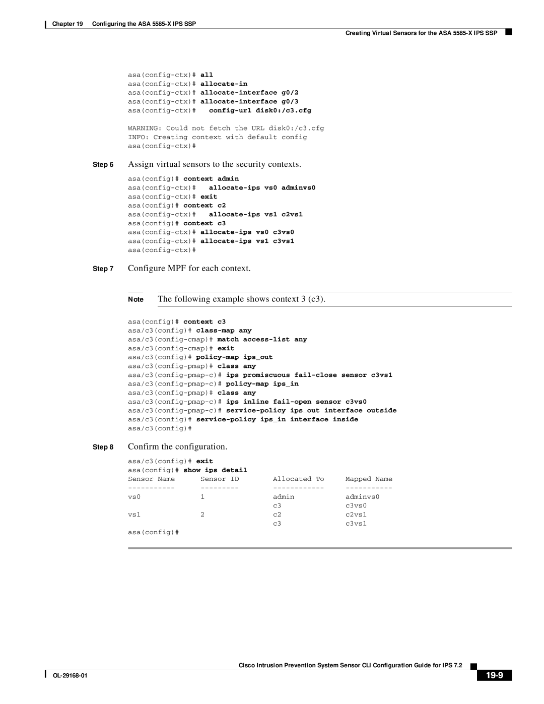 Cisco Systems IPS4510K9 manual Assign virtual sensors to the security contexts, 19-9 