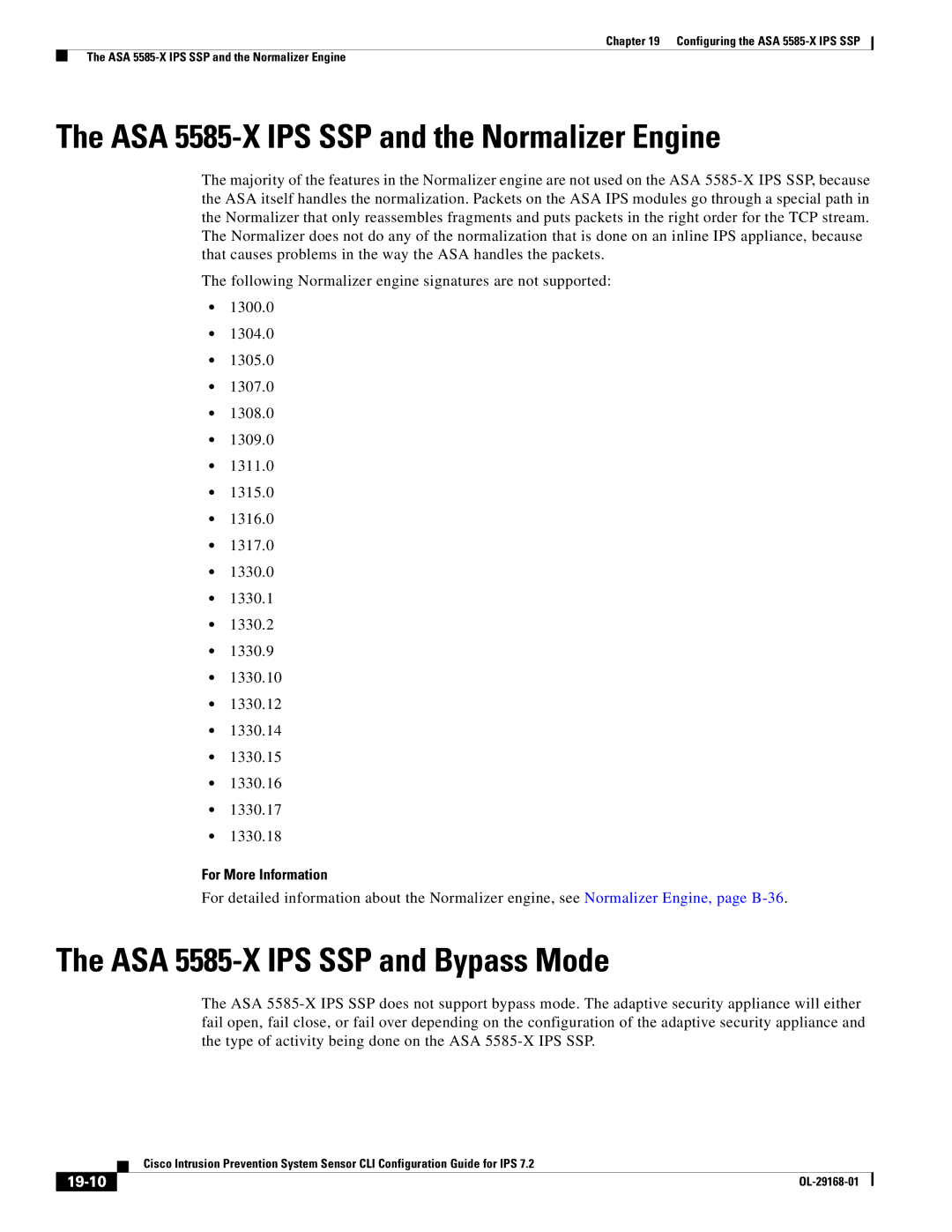 Cisco Systems IPS4510K9 manual ASA 5585-X IPS SSP and the Normalizer Engine, ASA 5585-X IPS SSP and Bypass Mode, 19-10 