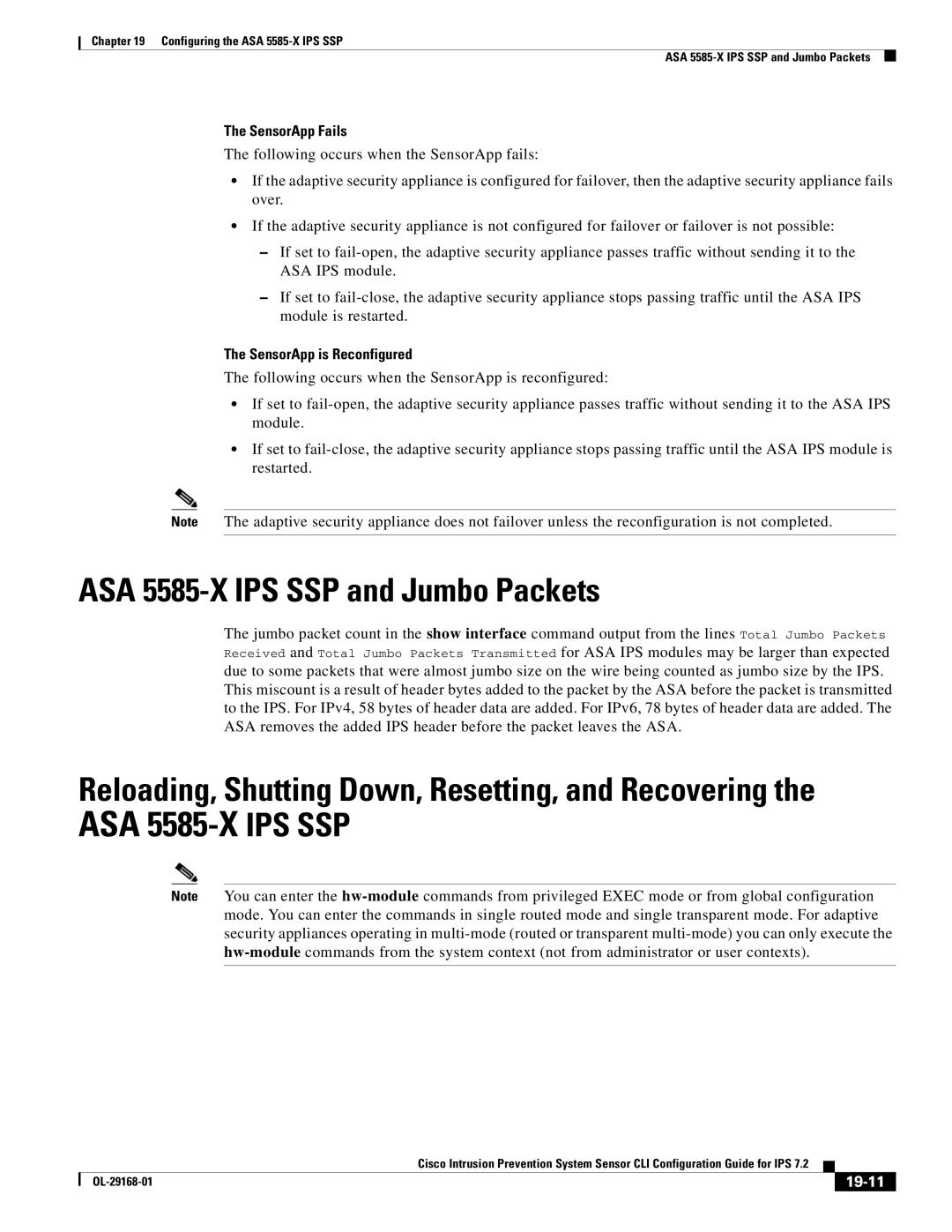 Cisco Systems IPS4510K9 manual ASA 5585-X IPS SSP and Jumbo Packets, 19-11 