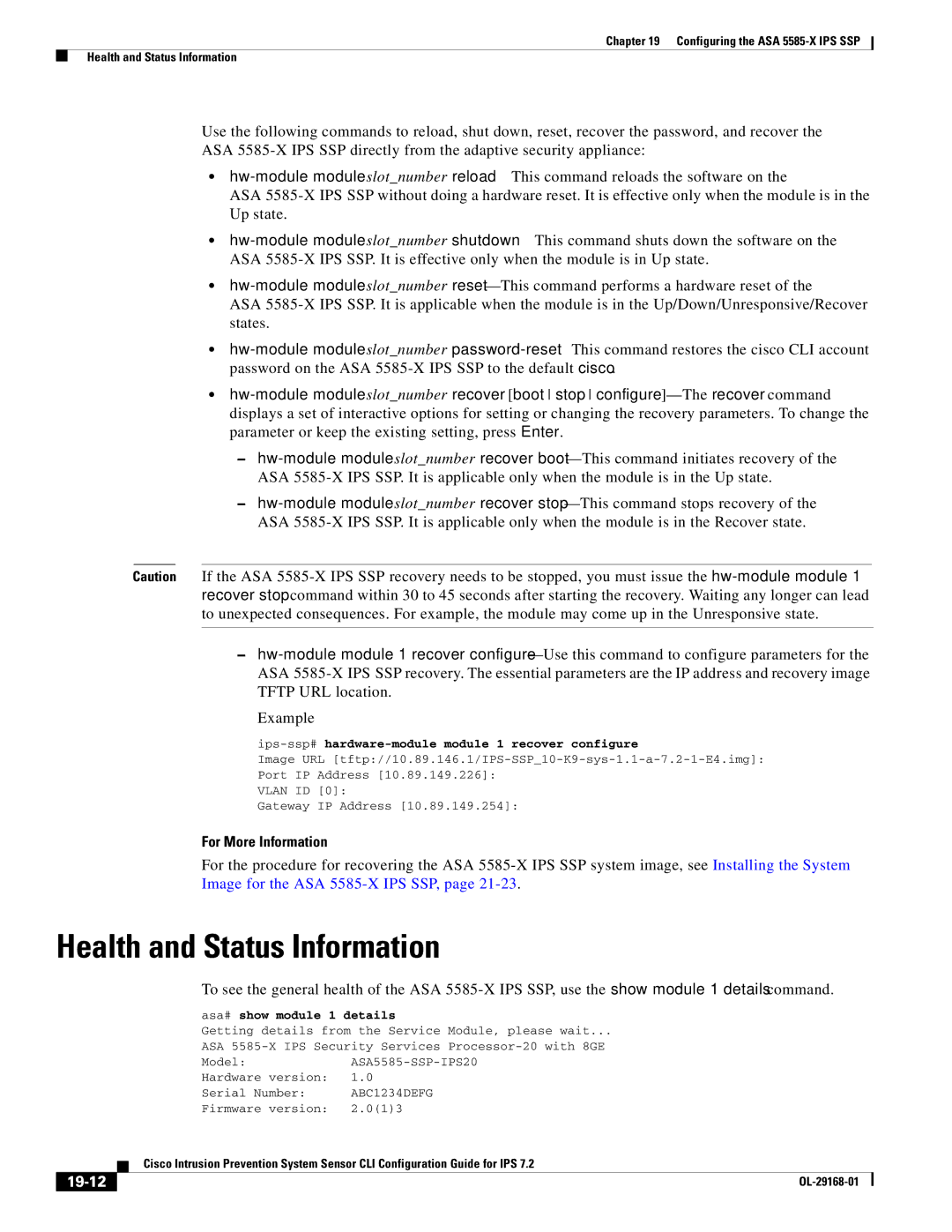 Cisco Systems IPS4510K9 manual 19-12, Ips-ssp#hardware-module module 1 recover configure 