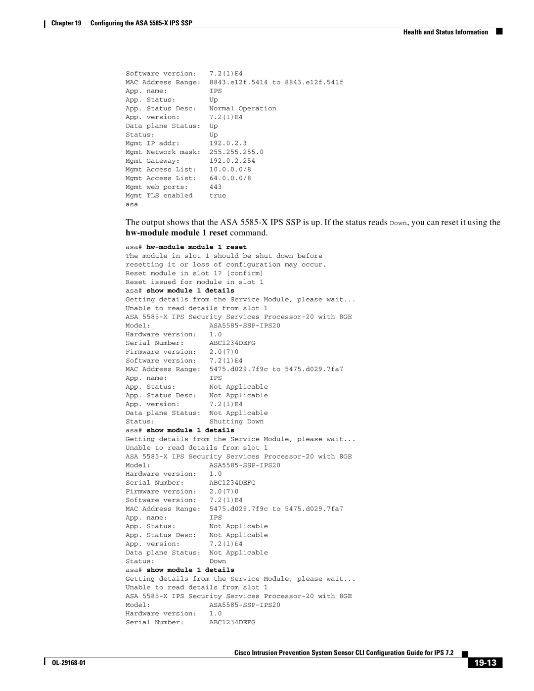 Cisco Systems IPS4510K9 manual 19-13, Asa# hw-module module 1 reset, Module 1 details 