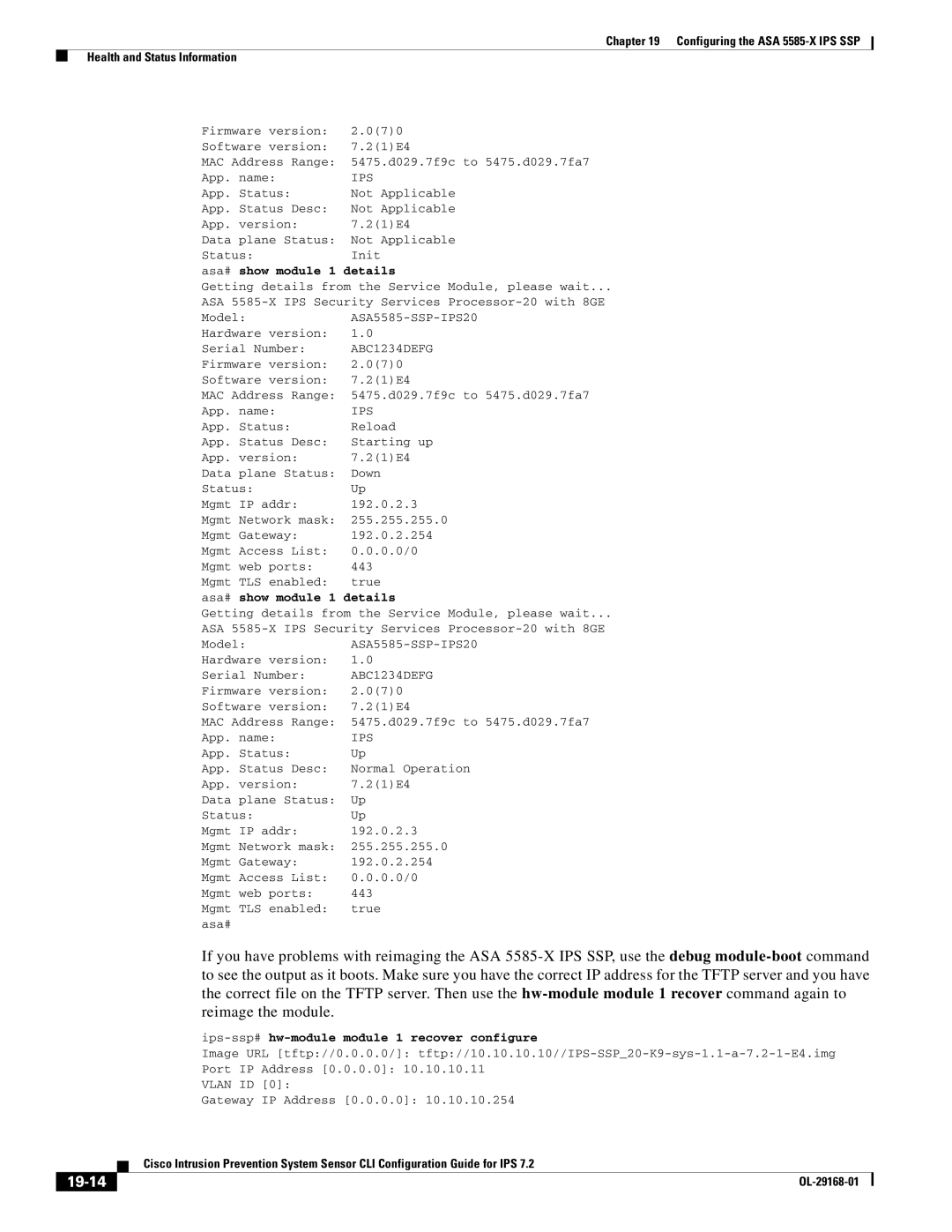 Cisco Systems IPS4510K9 manual 19-14, Ips-ssp#hw-module module 1 recover configure 