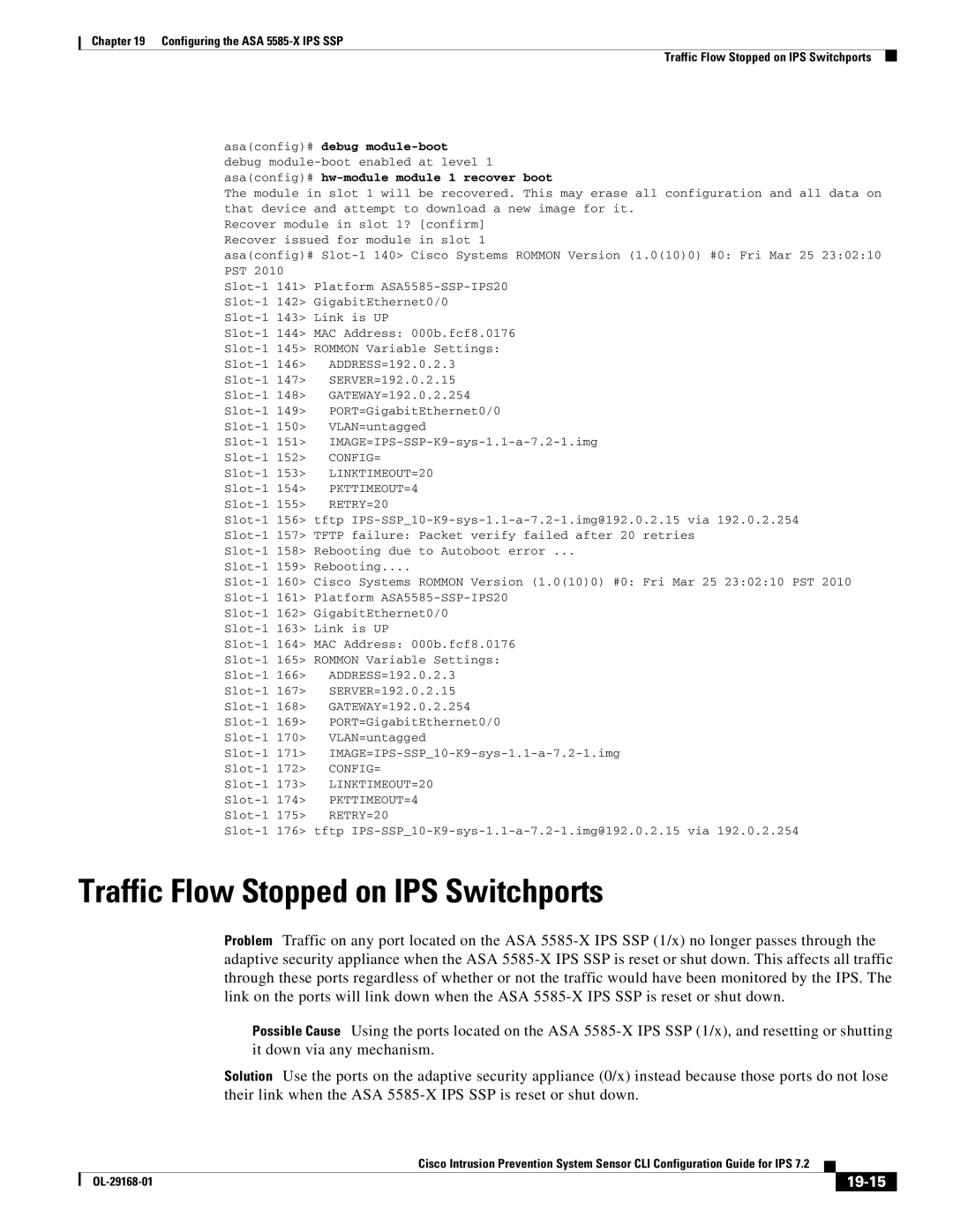 Cisco Systems IPS4510K9 manual Traffic Flow Stopped on IPS Switchports, 19-15, Asaconfig# debug module-boot 