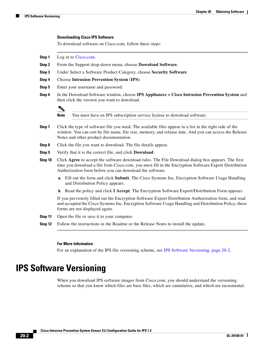 Cisco Systems IPS4510K9 IPS Software Versioning, Downloading Cisco IPS Software, Enter your username and password, 20-2 