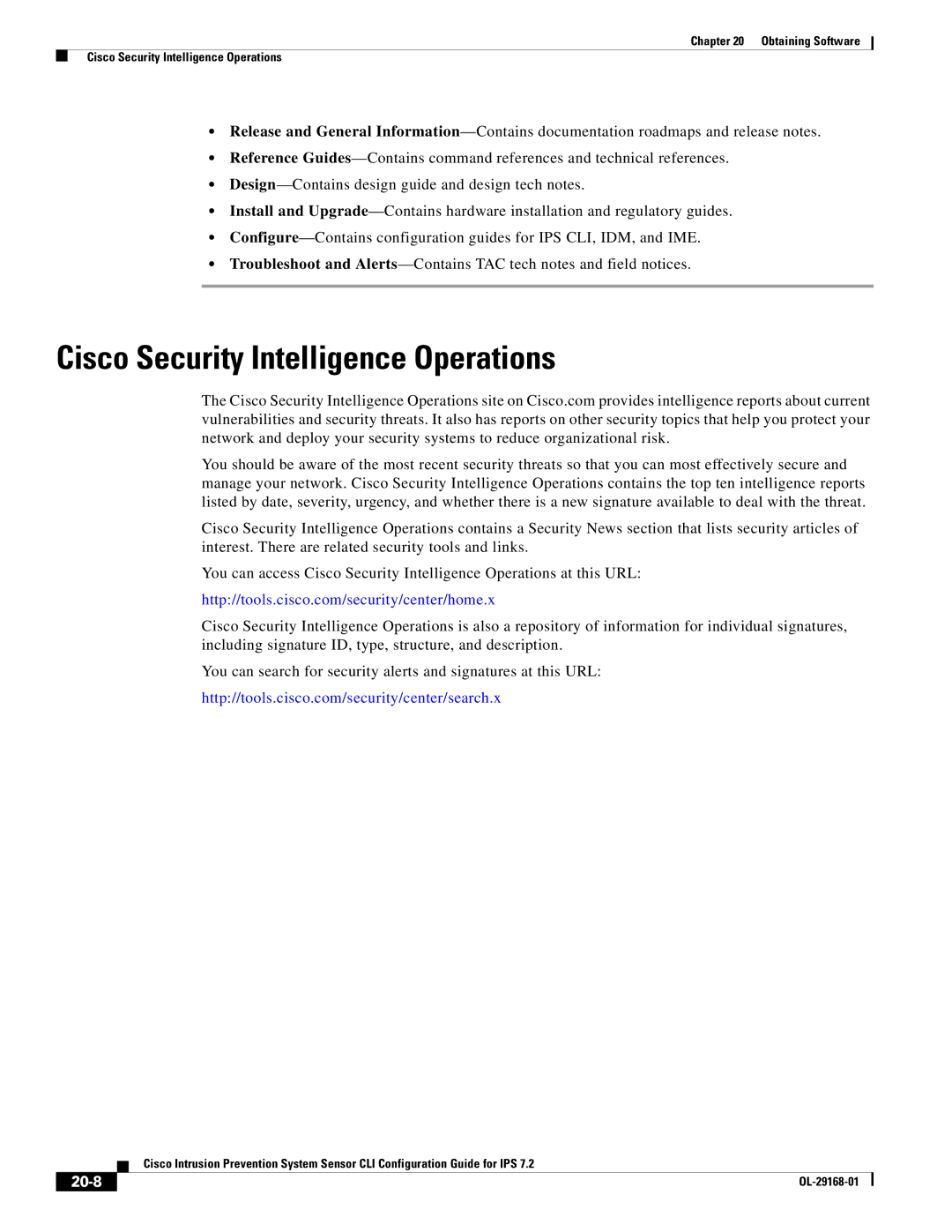 Cisco Systems IPS4510K9 manual Cisco Security Intelligence Operations, 20-8 