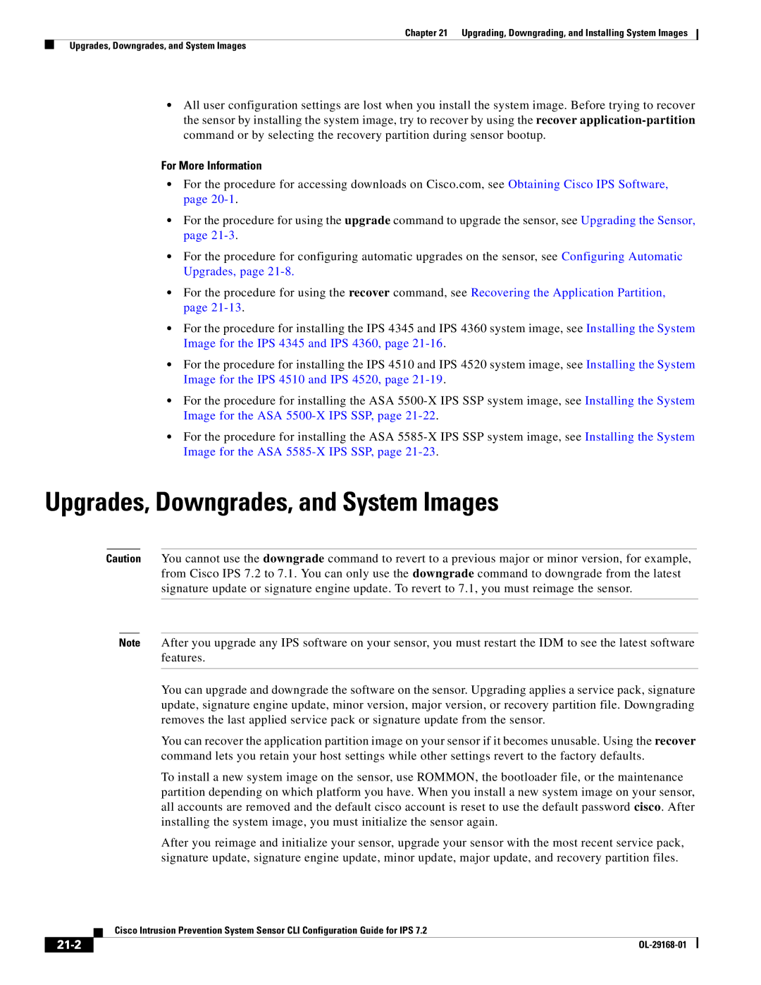 Cisco Systems IPS4510K9 manual Upgrades, Downgrades, and System Images, 21-2 